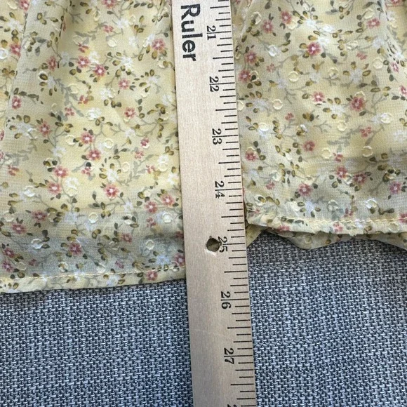 Trixxi Butter Yellow Floral Dress Medium Puff Sleeve Babydoll Sheer Overlay * - Picture 9 of 11